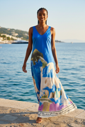 Take me to Italy - O/S Italian Silk WIDE STRAP V-Maxi Dress -ELECTRIC BLUE-Watercolour print, Made in Italy, Viscose/Silk blend - One size