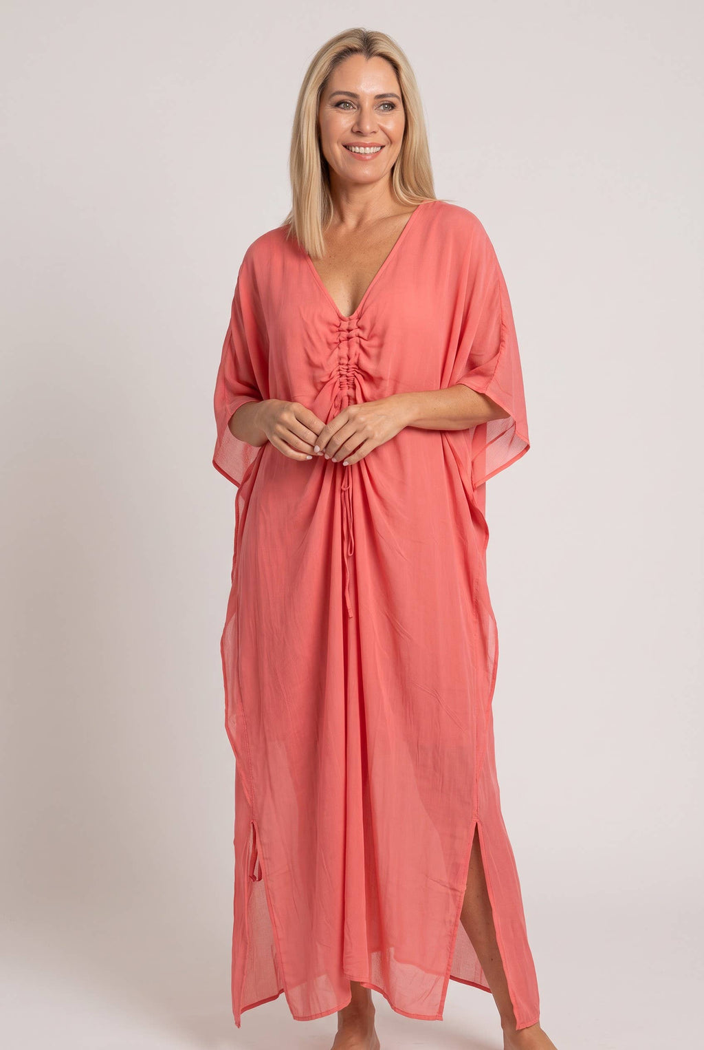 The Italian Closet - Lola- Tangerine- v neck silk kaftan front gather