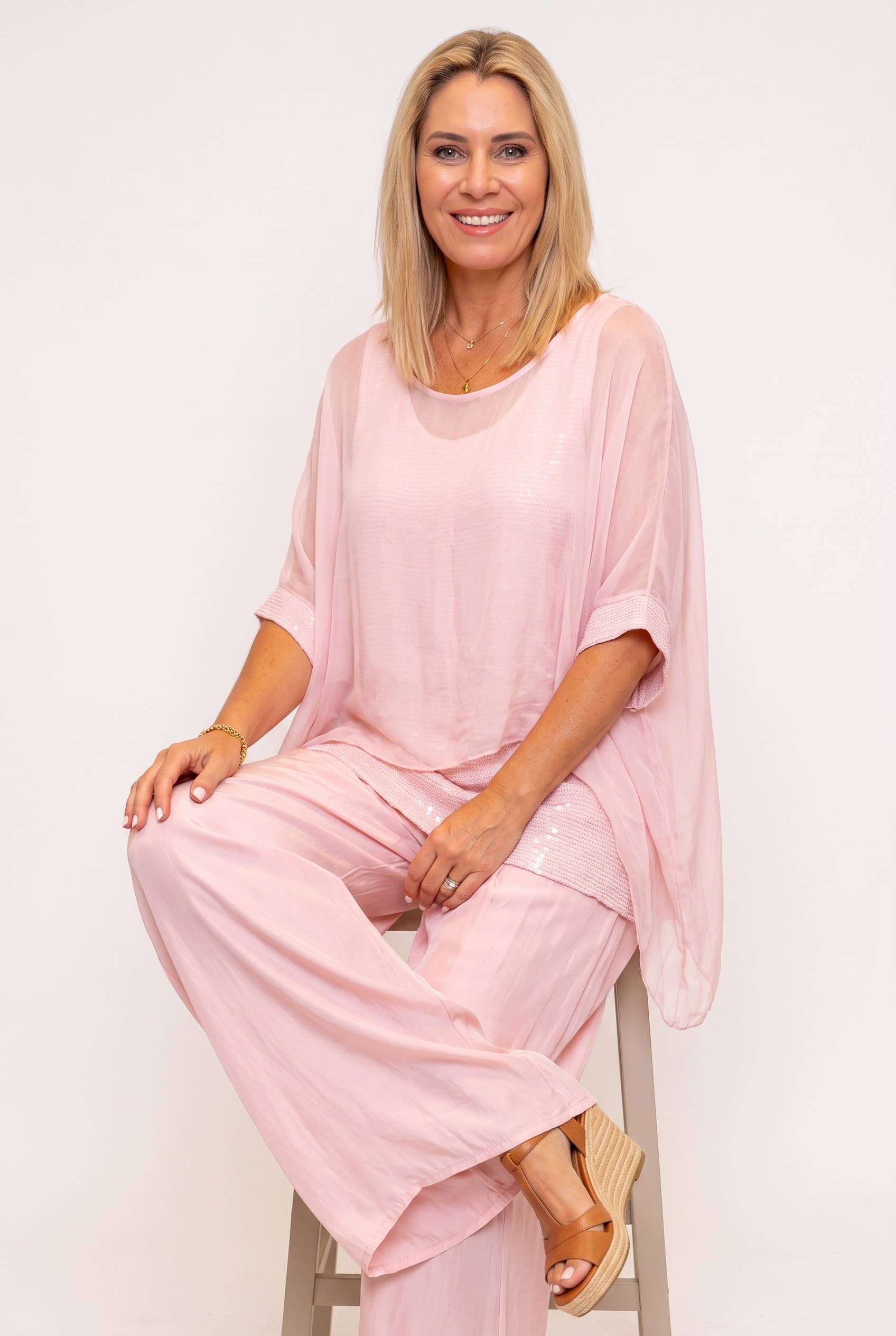 The Italian Closet - Elvera- baby pink- Silk tunic with sequin panel