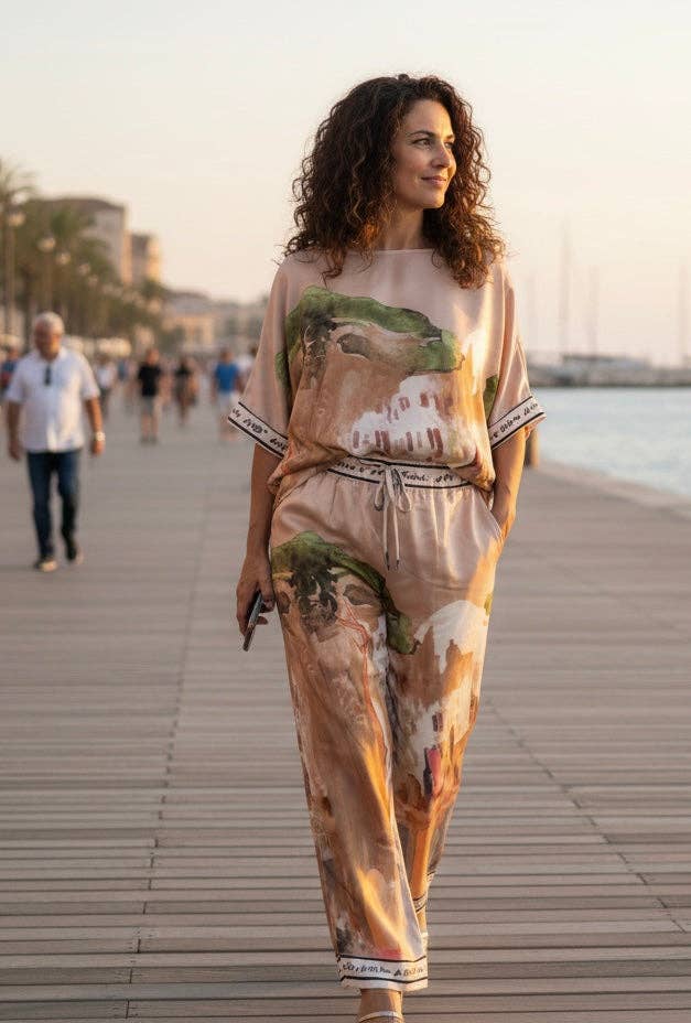 Take me to Italy - Italian Watercolour Relaxed Fit Top-GOLDEN BEIGE- Viscose/ Polyester Blend- O/S - Taupe