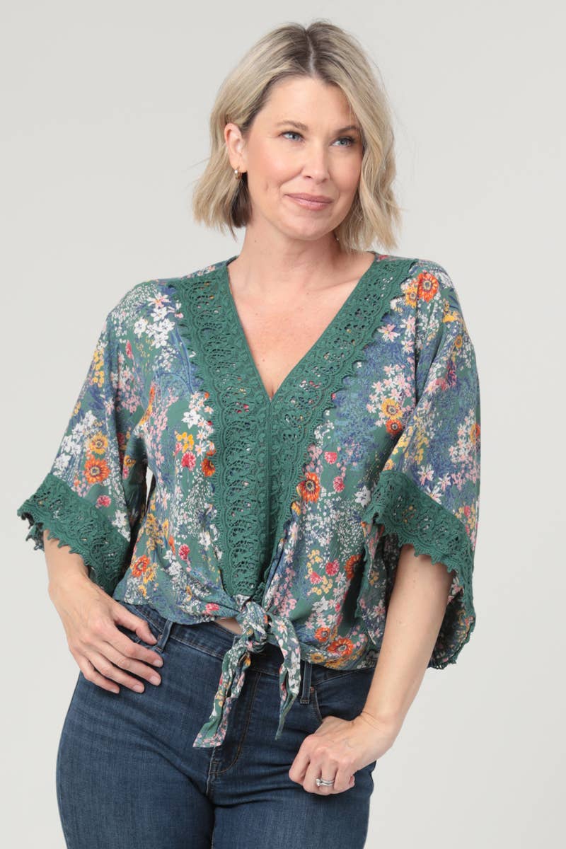 Nostalgia - E2V45-A625 V NECK LACE TRIM TIE WAIST KIMONO SLEEVES TOP - S