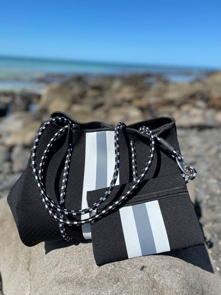 Nakoa The Label - Neoprene Bag - Vegan Tote - 2 Piece Set - Stripe - Black & Grey