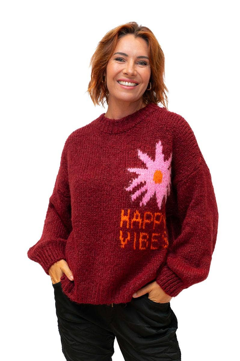 The Italian Closet - Vibe- Bordeaux- Wool Mix Knit with Happy Vibes