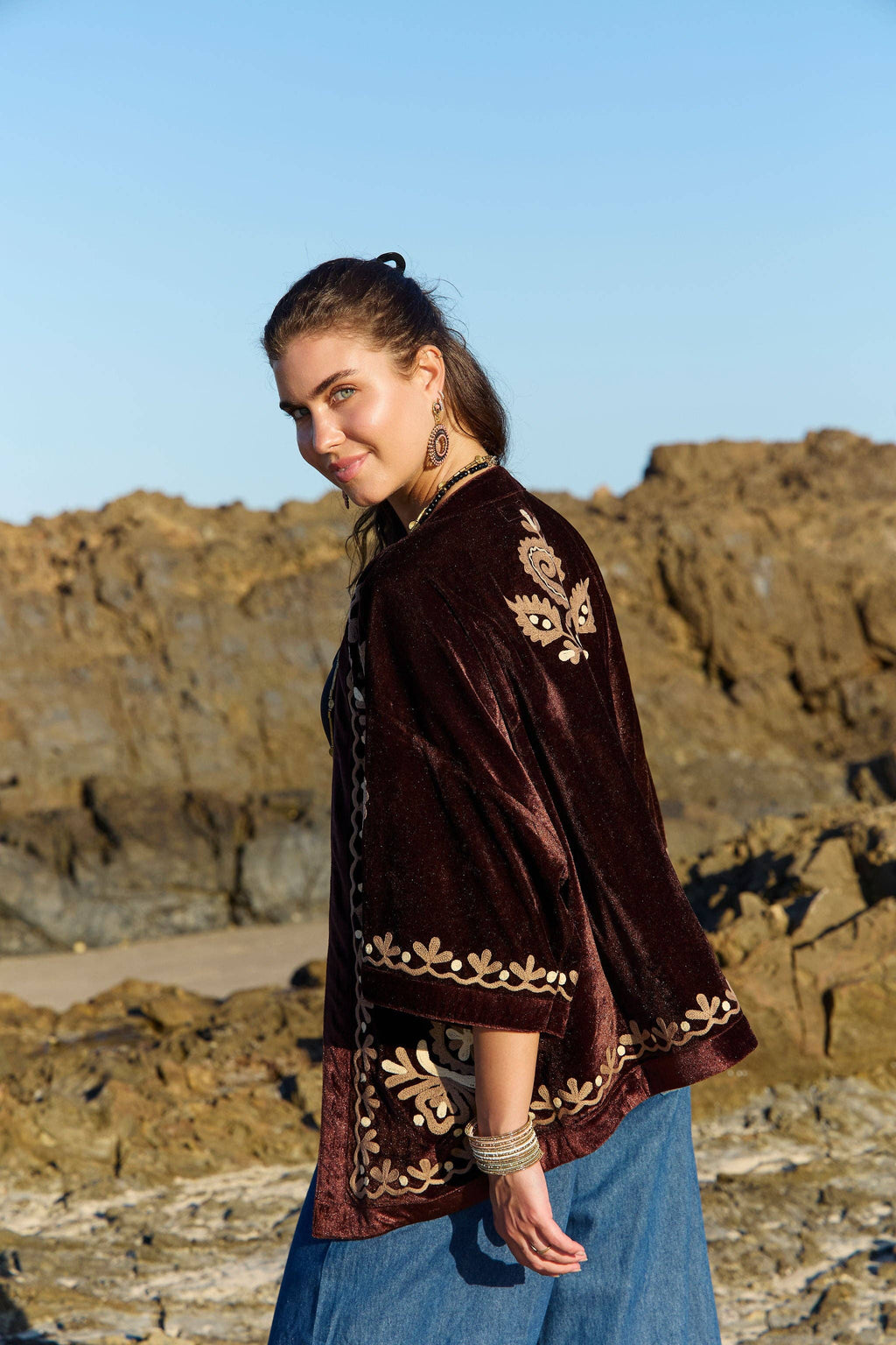 Velvet Kimono Jacket Bronte Embroidery Chocolate
