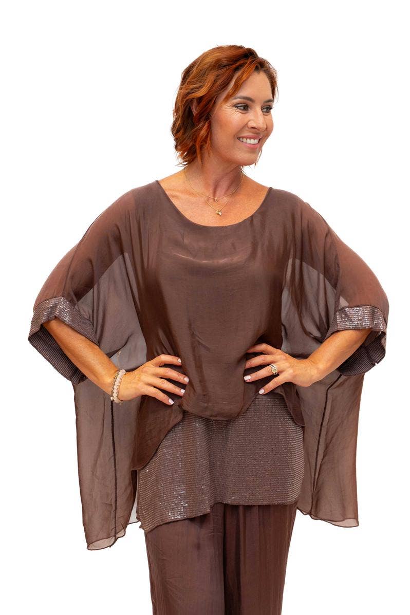 The Italian Closet - Elvera- Choc- Silk tunic with sequin panel
