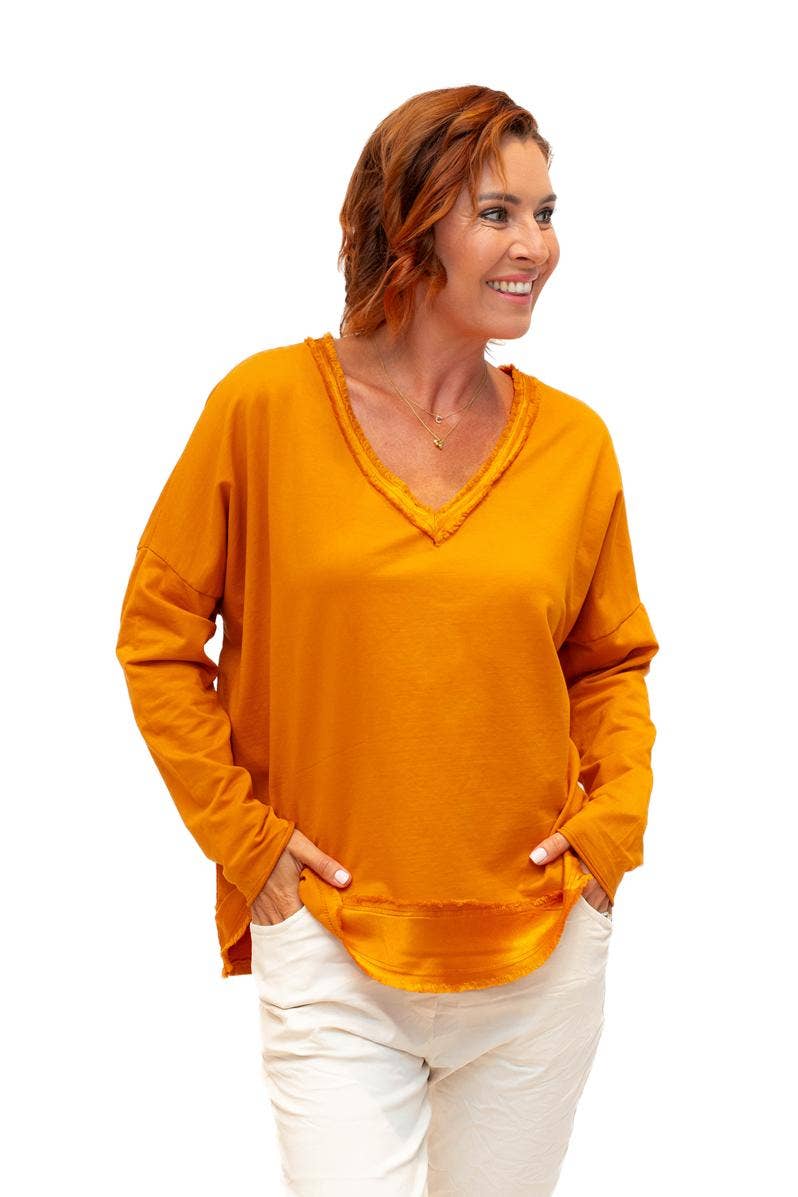 The Italian Closet - Baker- Tangerine V Neck Fray Trim Satin hem cotton L/S Top
