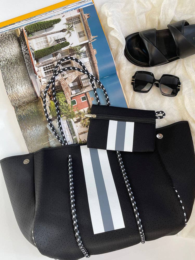 Nakoa The Label - Neoprene Bag - Vegan Tote - 2 Piece Set - Stripe - Black & Grey