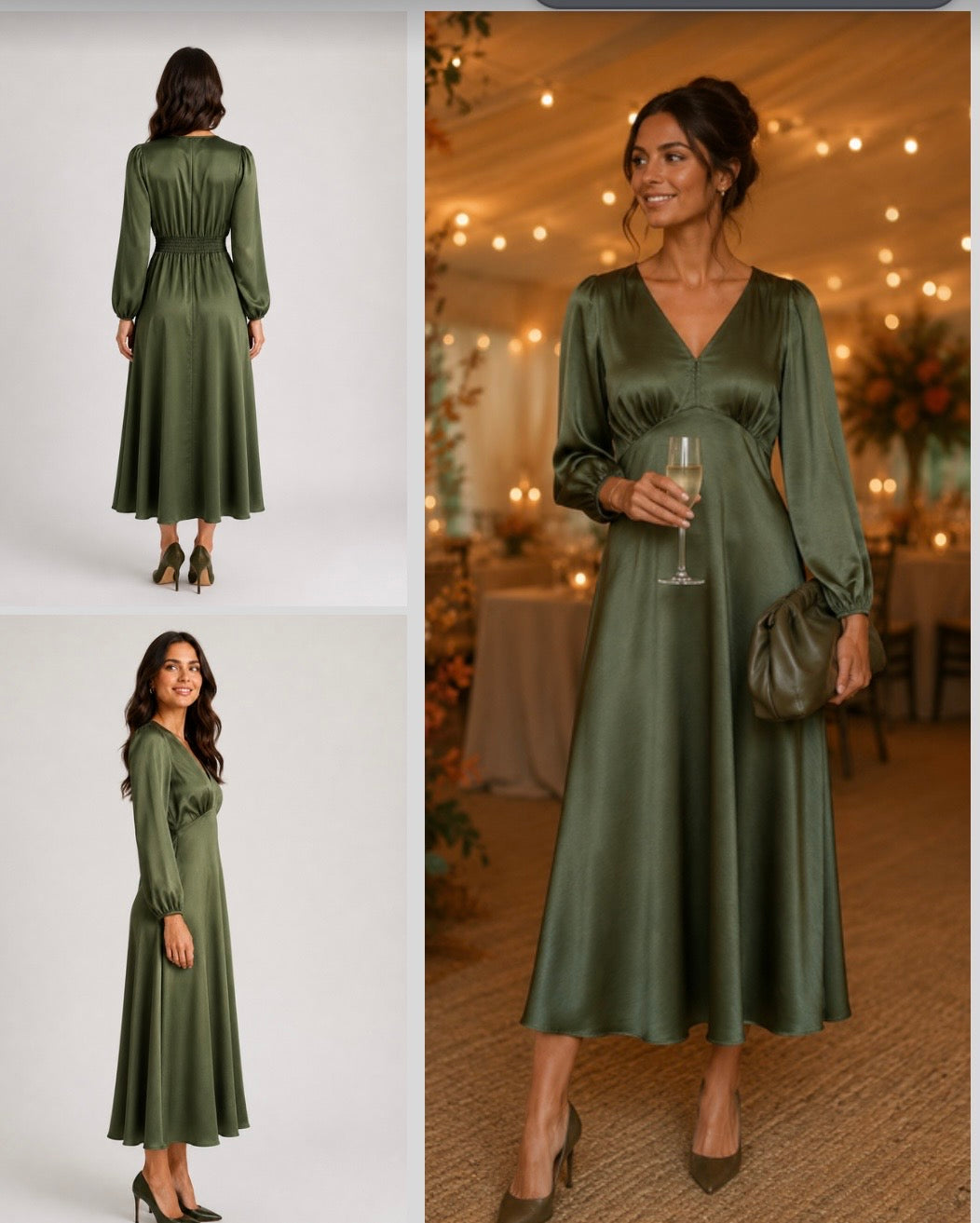 Satin Midi Dress - Olive