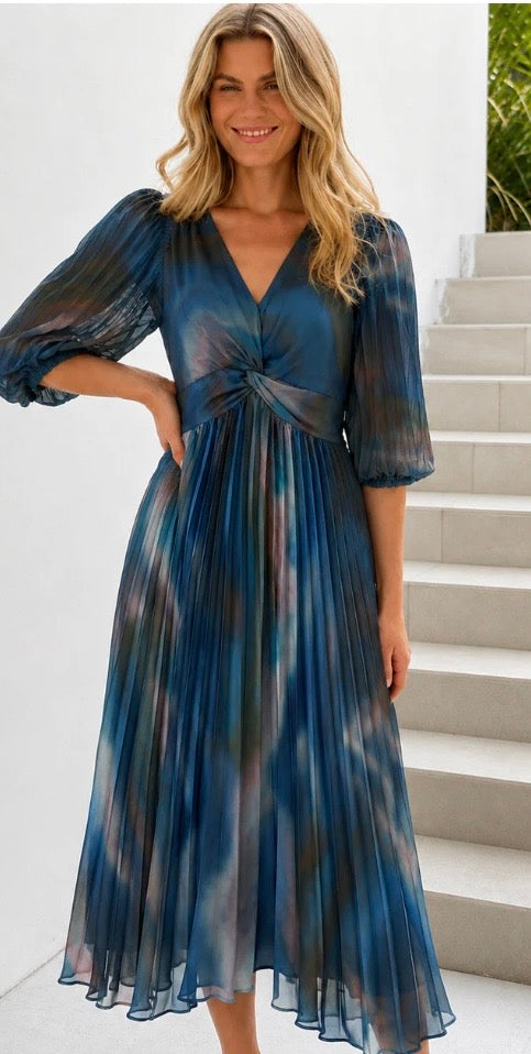 XW20628-7J/O Blue Multi Pleated Midi Dress - Blue