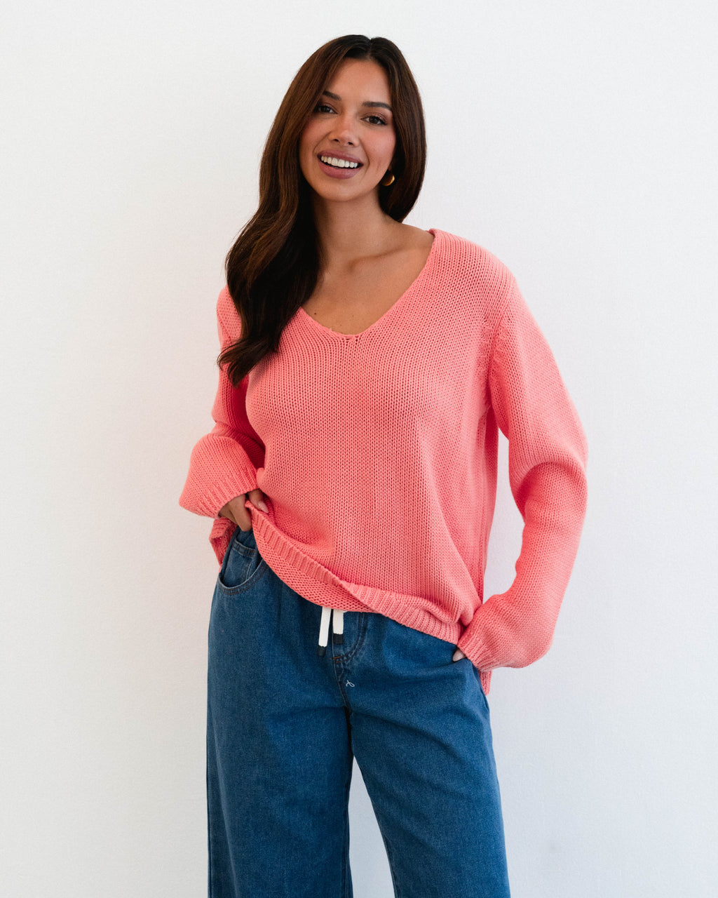 Cotton V Neck Jumper - Ivory & Coral