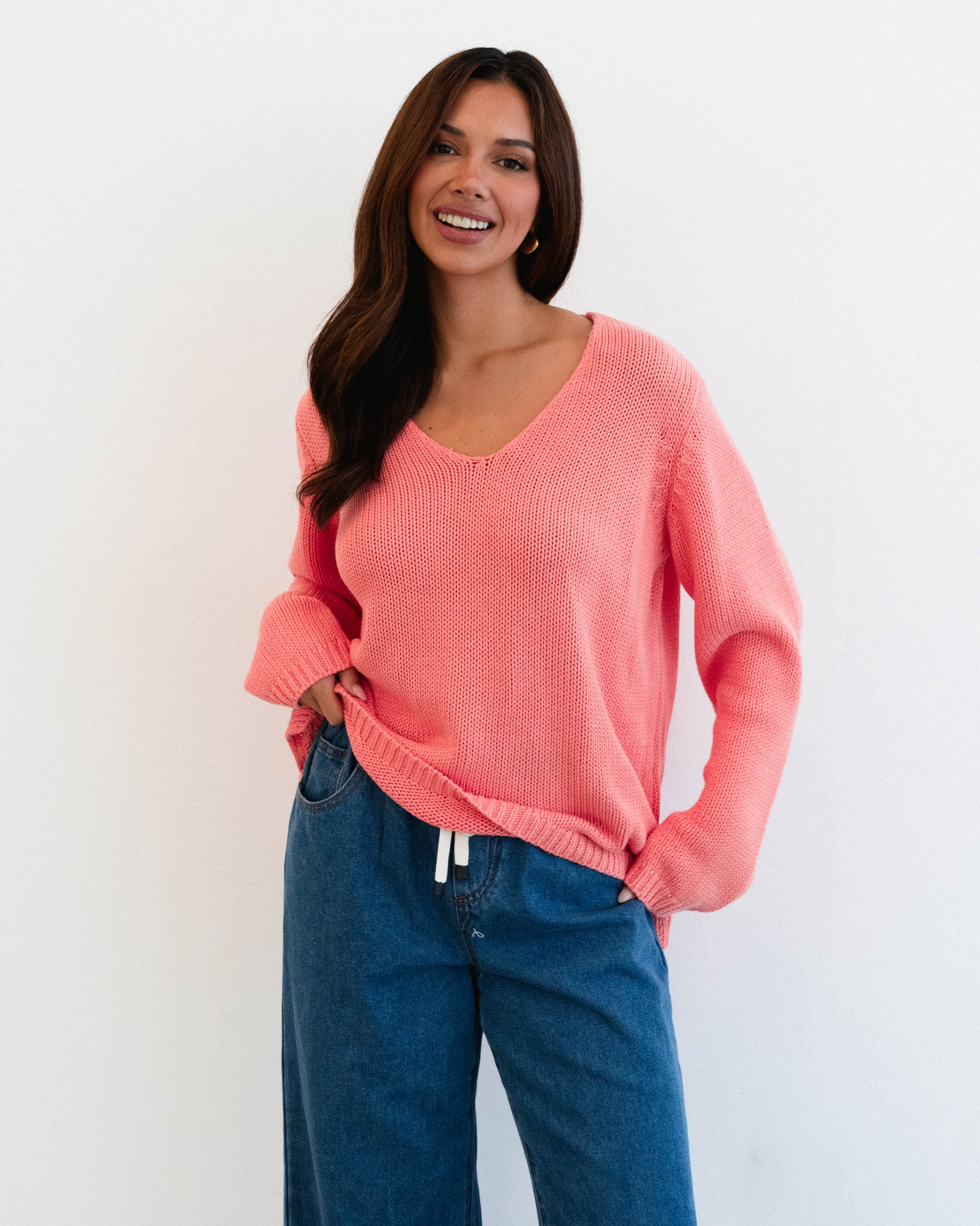 Cotton V Neck Jumper - Ivory & Coral