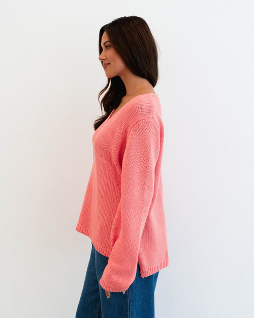 Cotton V Neck Jumper - Ivory & Coral