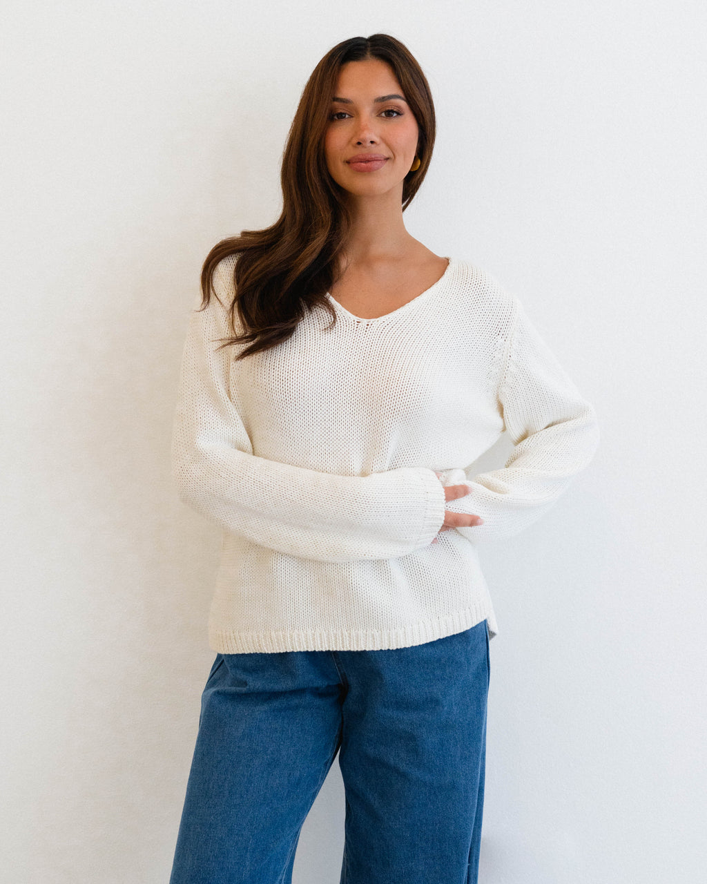 Cotton V Neck Jumper - Ivory & Coral
