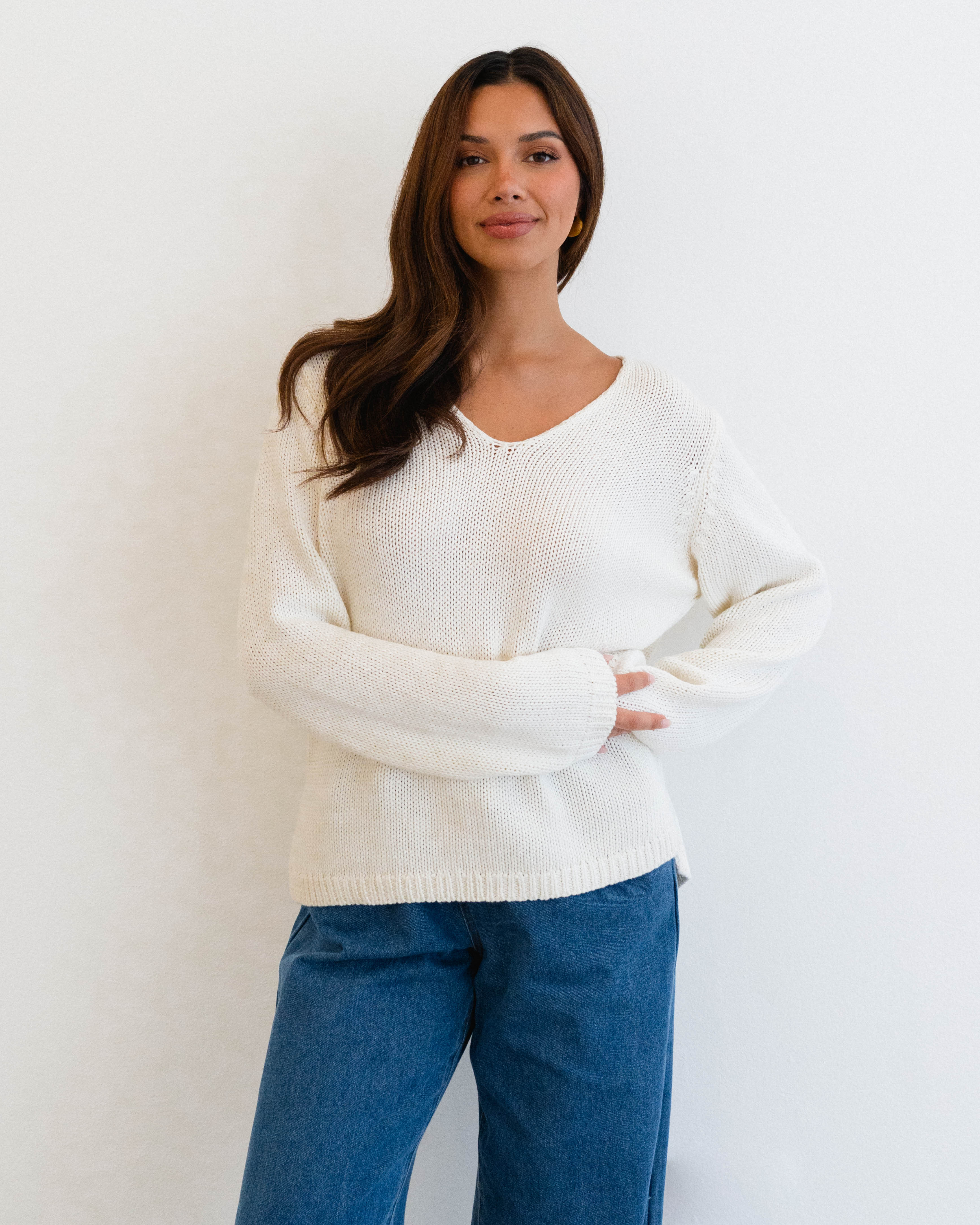 Cotton V Neck Jumper - Ivory & Coral