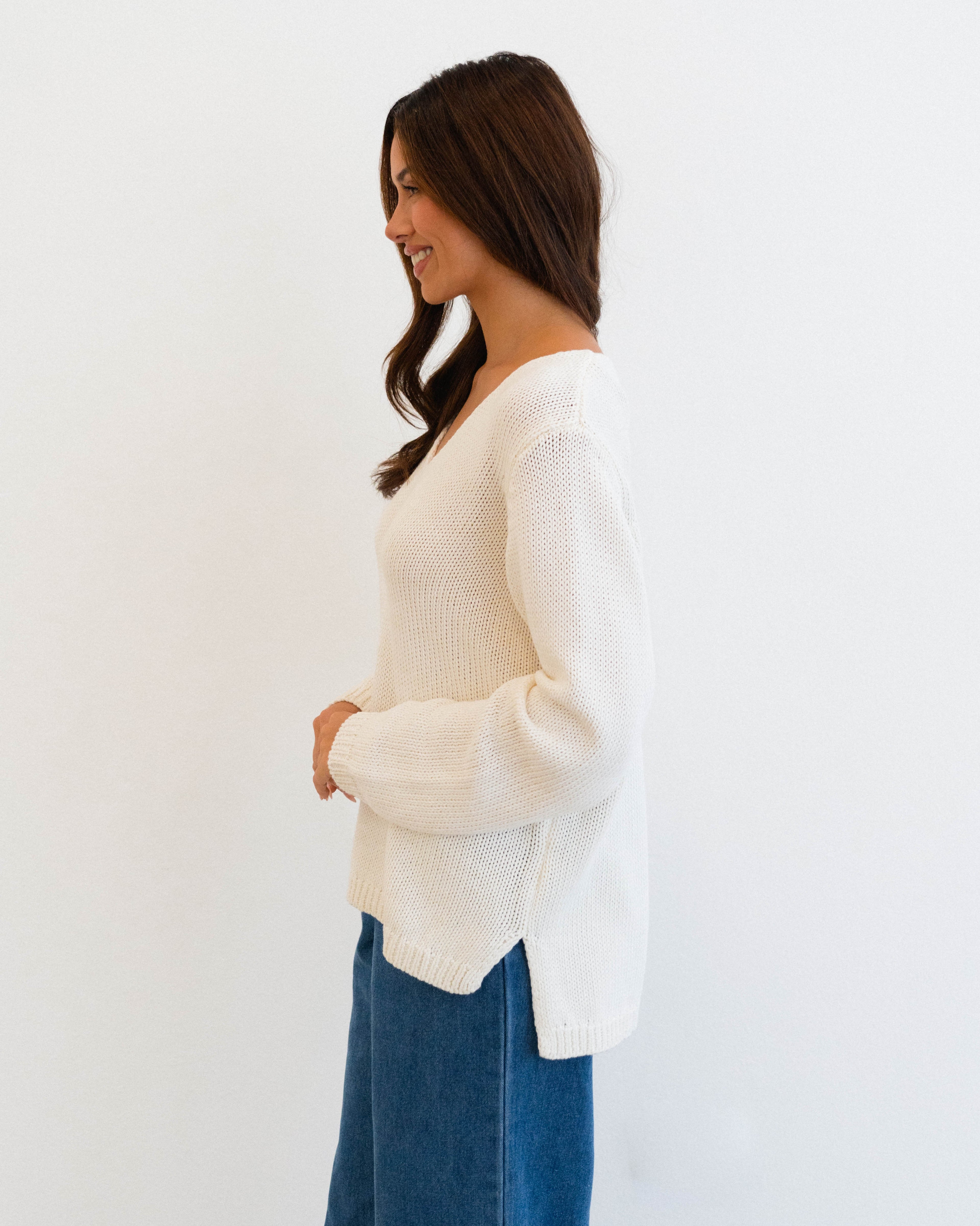 Cotton V Neck Jumper - Ivory & Coral