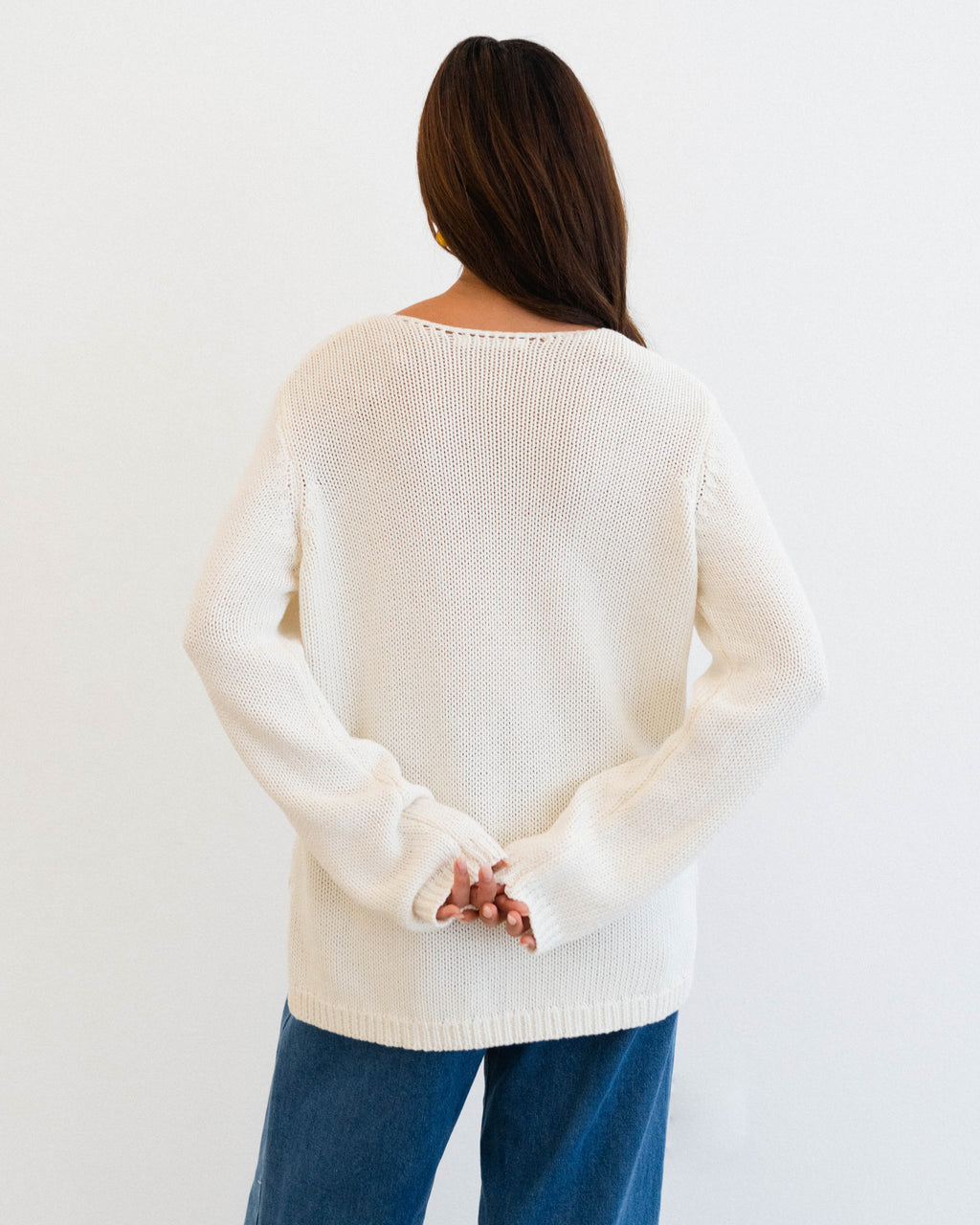 Cotton V Neck Jumper - Ivory & Coral