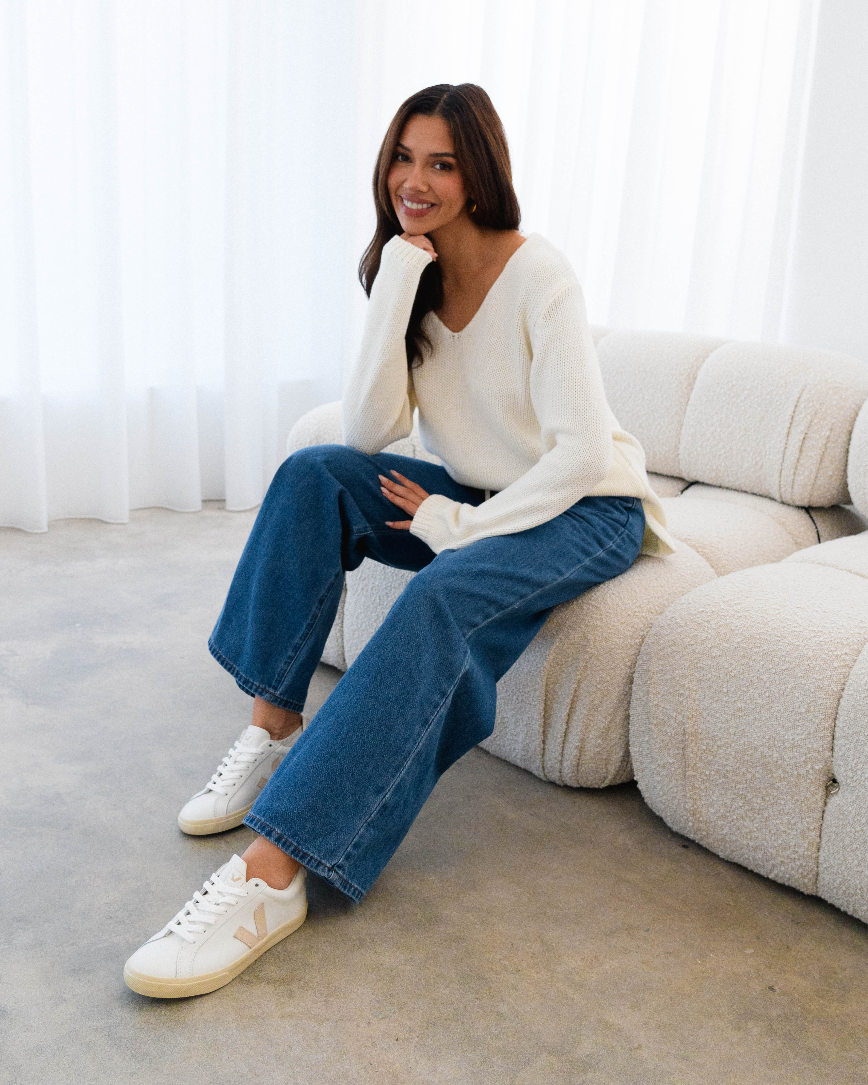 Cotton V Neck Jumper - Ivory & Coral