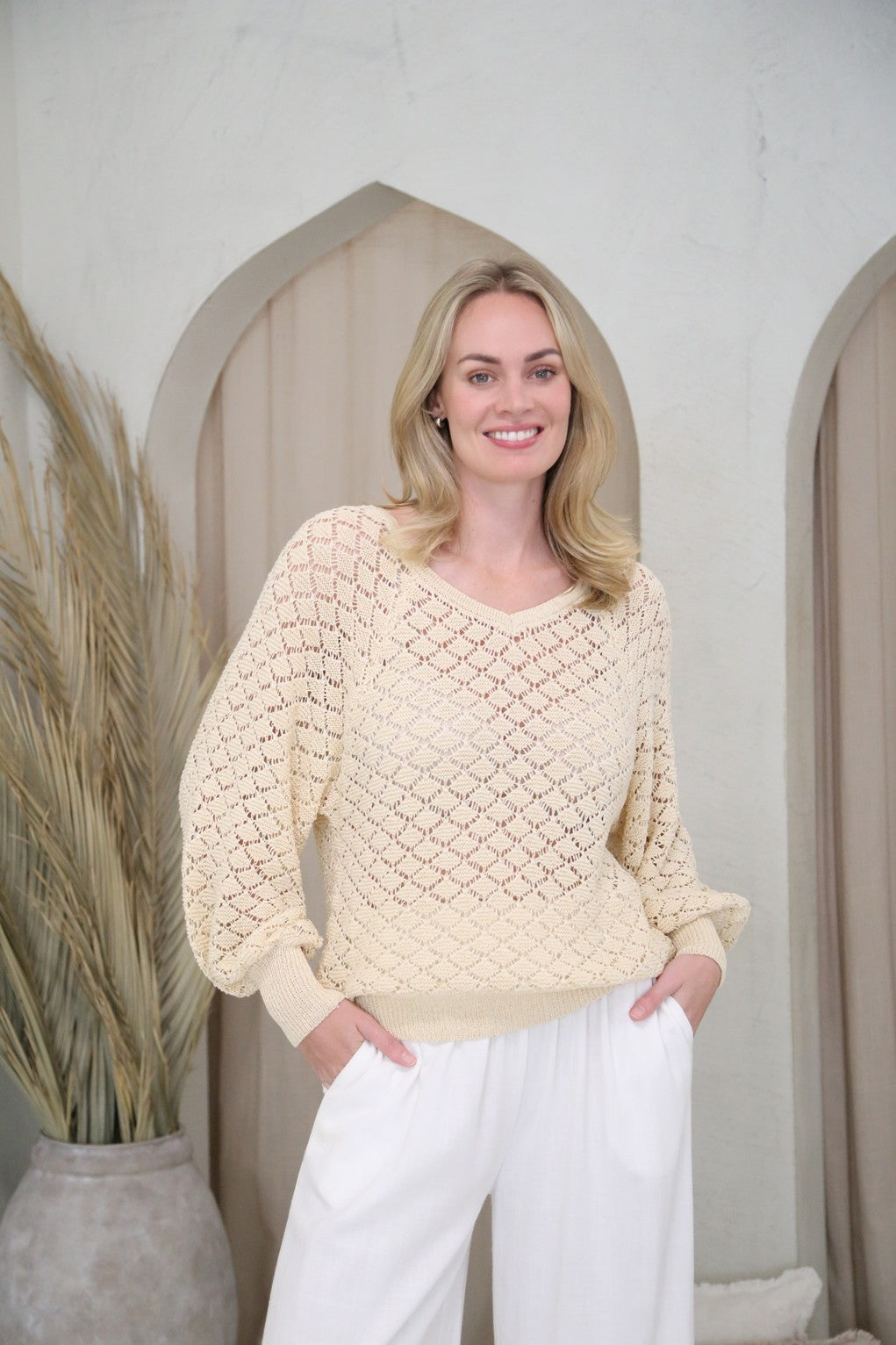Balloon Sleeve Crochet Knit Top
