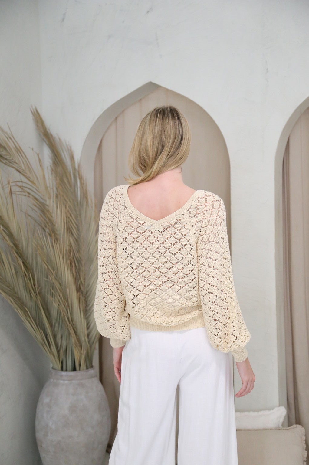 Balloon Sleeve Crochet Knit Top