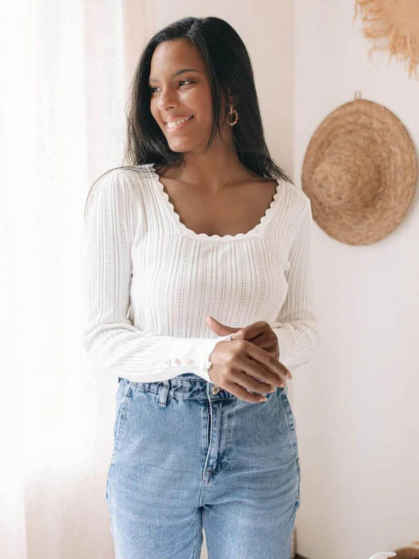 Ribbed scallop edge knit top - 3 Colours