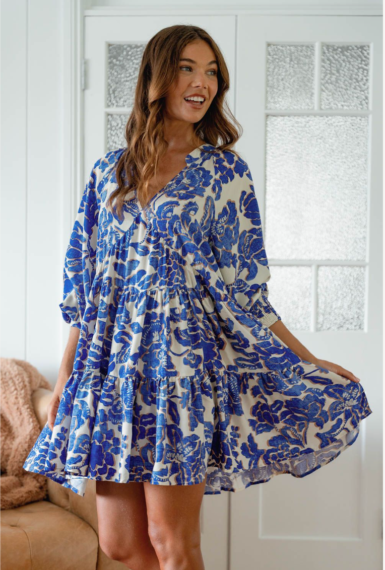 Jaase - 1186 Indigo Bloom Print Soul Mini Dress