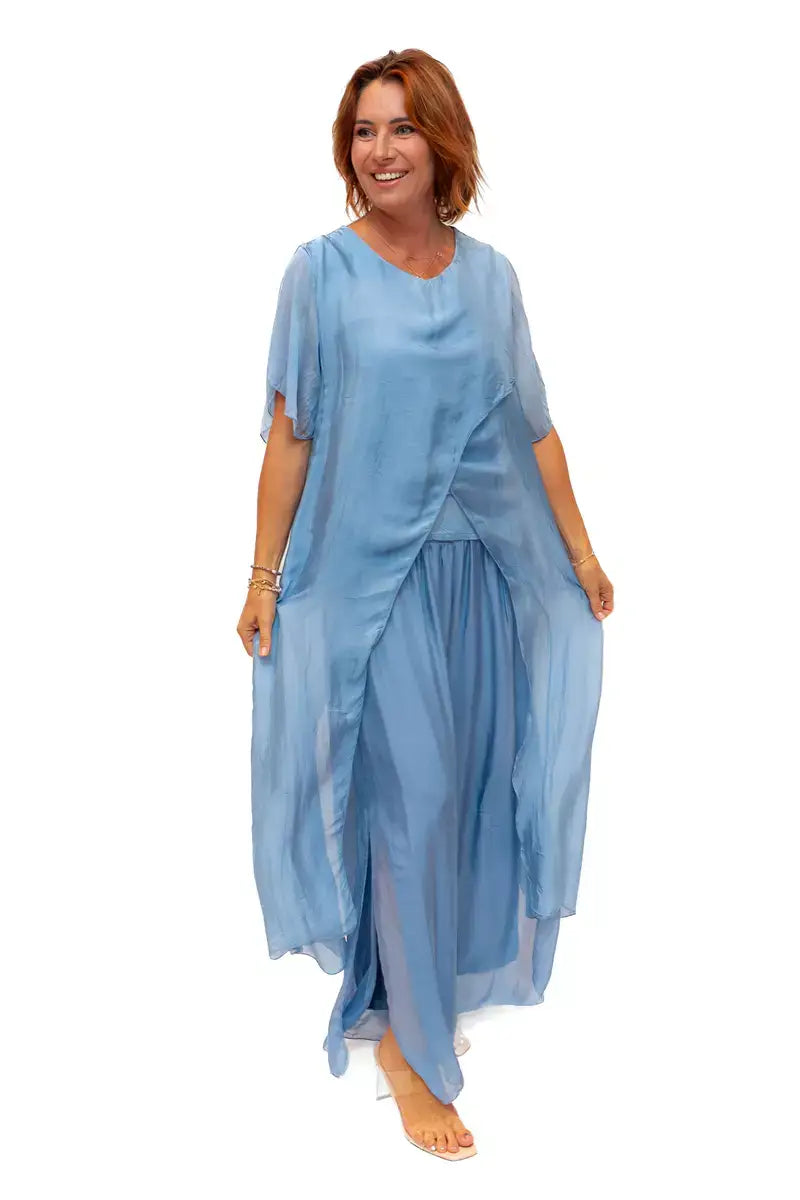 The Italian Closet - Avida- Denim-short sleeved side drape silk top