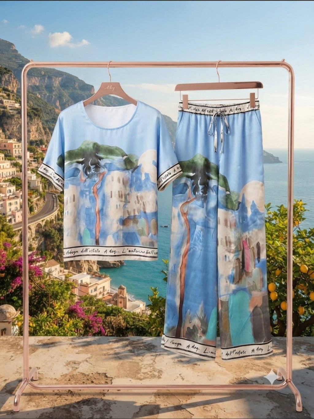 Take me to Italy - O/S - Italian Watercolour Women’s Pant & Oversized Relaxed Top Set- BABY BLUE - Viscose/ Polyester blend, Made in Italy