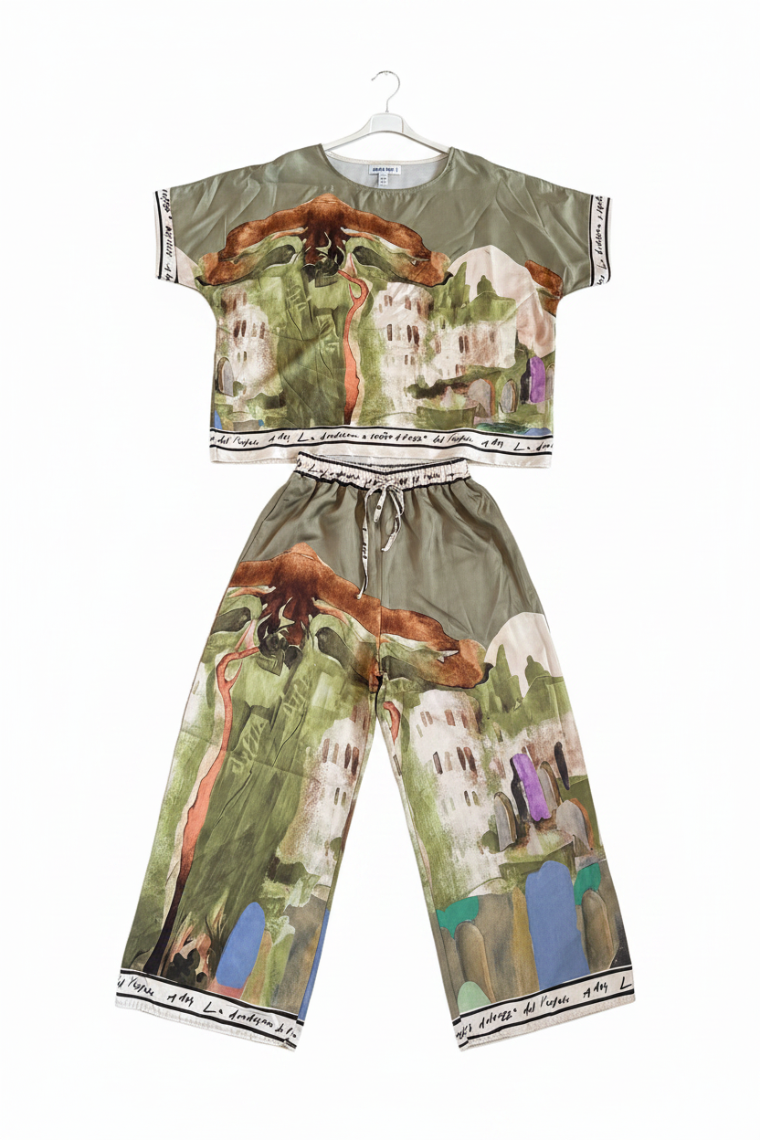 Take me to Italy - O/S - Italian Watercolour Women’s Pant & Oversized Relaxed Top Set- OLIVE  - Viscose/ Polyester blend, Made in Italy