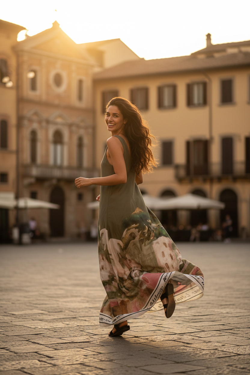 Take me to Italy - Italian Silk WIDE STRAP V-Maxi Dress -OLIVE