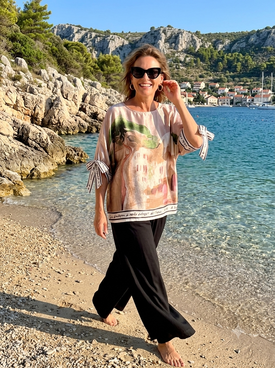 Take me to Italy - Relaxed Fit Watercolor Lustrous Women's  Top - GOLDEN BEIGE- Made in Italy ,O/S