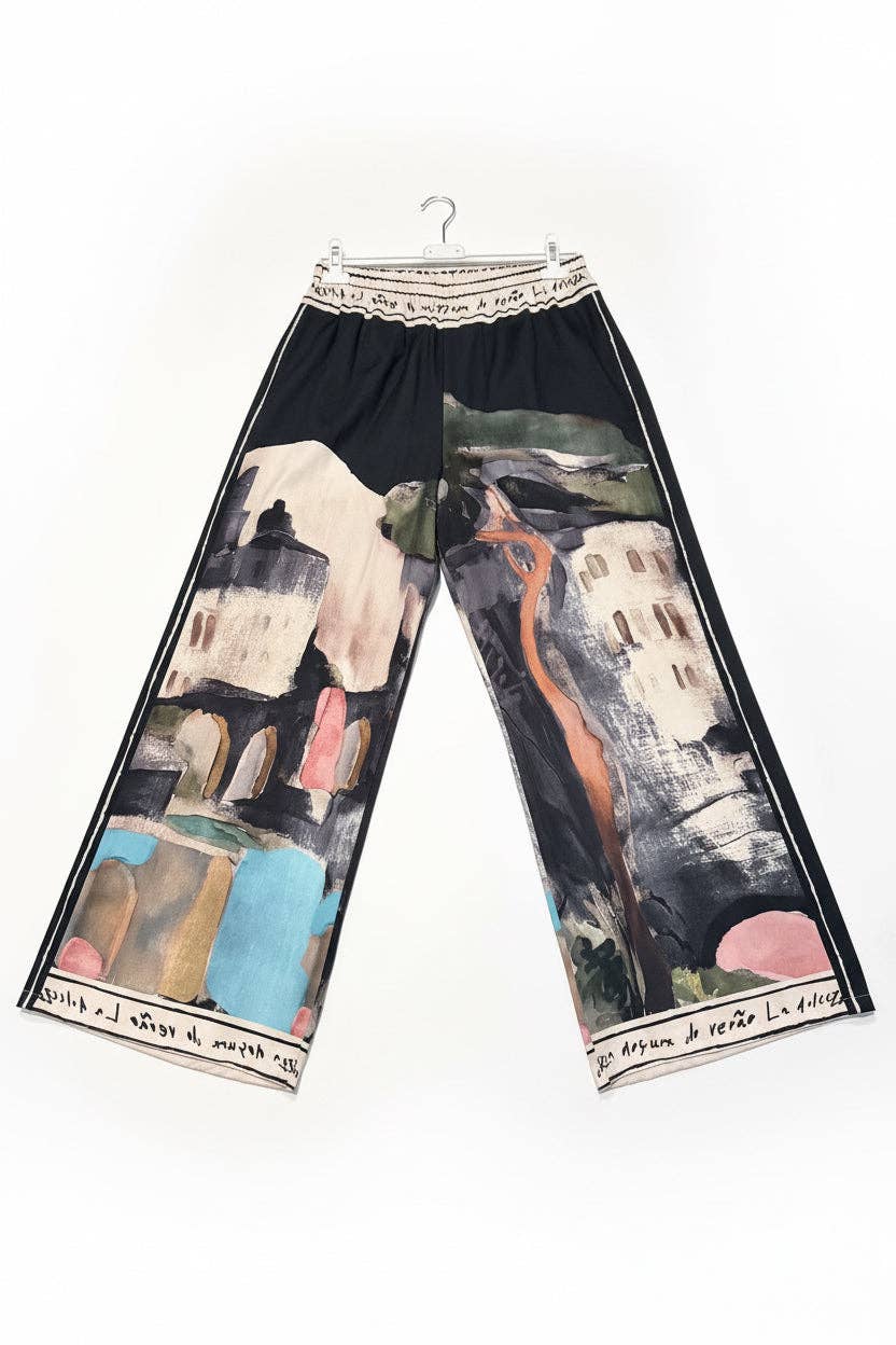 Take me to Italy - O/S Italian Watercolour Pant & Relaxed Oversized Top  Set-BLACK- Viscose/ Polyester blend, Made in Italy