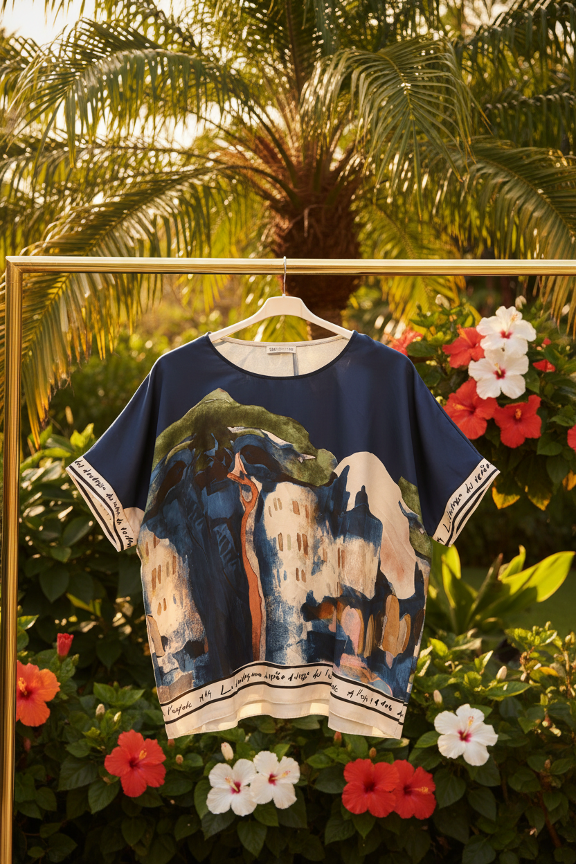 Take me to Italy - O/S - Italian Watercolour Women’s Pant & Oversized Relaxed Top Set- NAVY - Viscose/ Polyester blend, Made in Italy