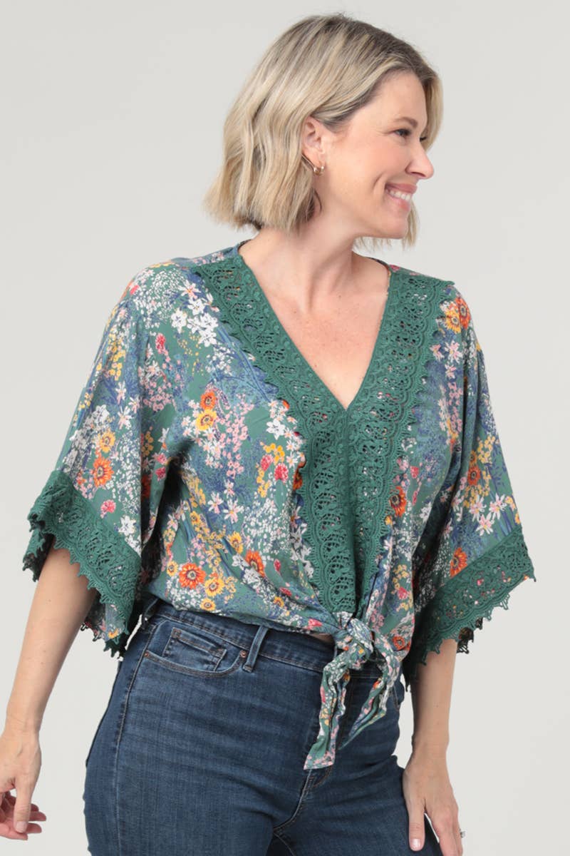 Nostalgia - E2V45-A625 V NECK LACE TRIM TIE WAIST KIMONO SLEEVES TOP - S