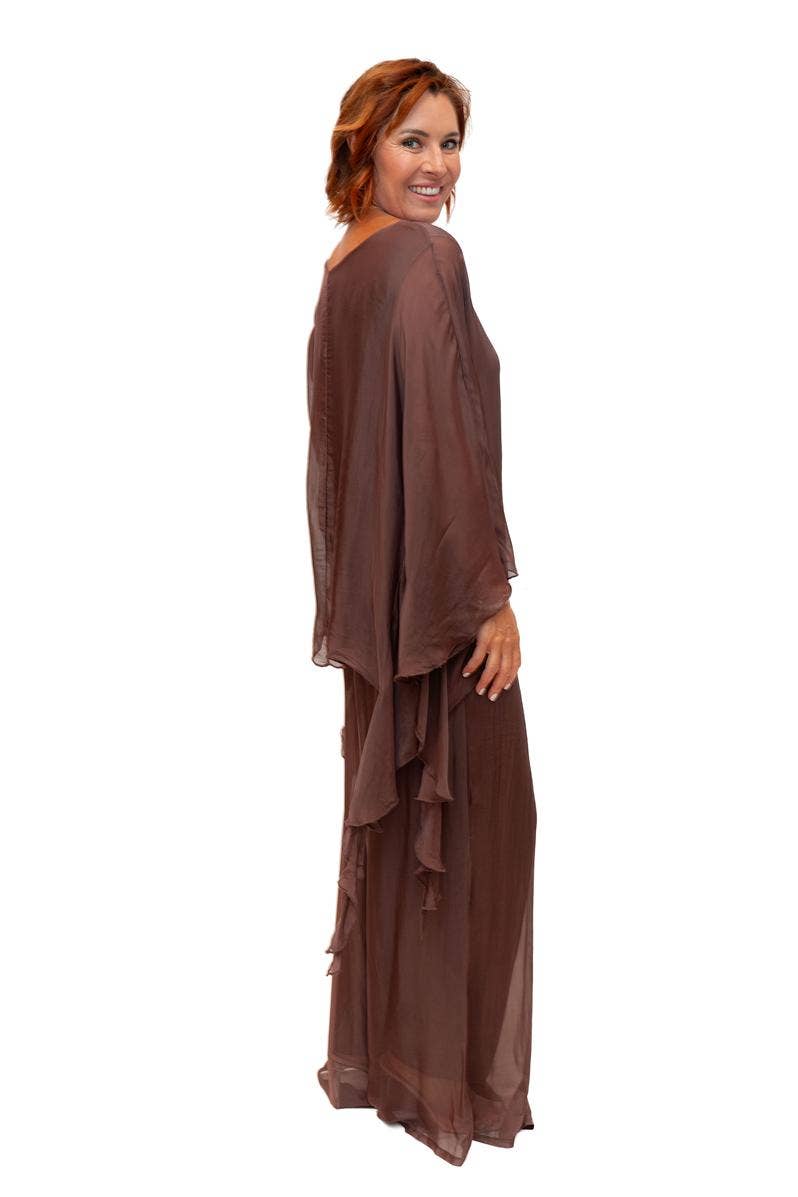 The Italian Closet - Adeline Pant- Choc- Silk pant with open hem and soft band