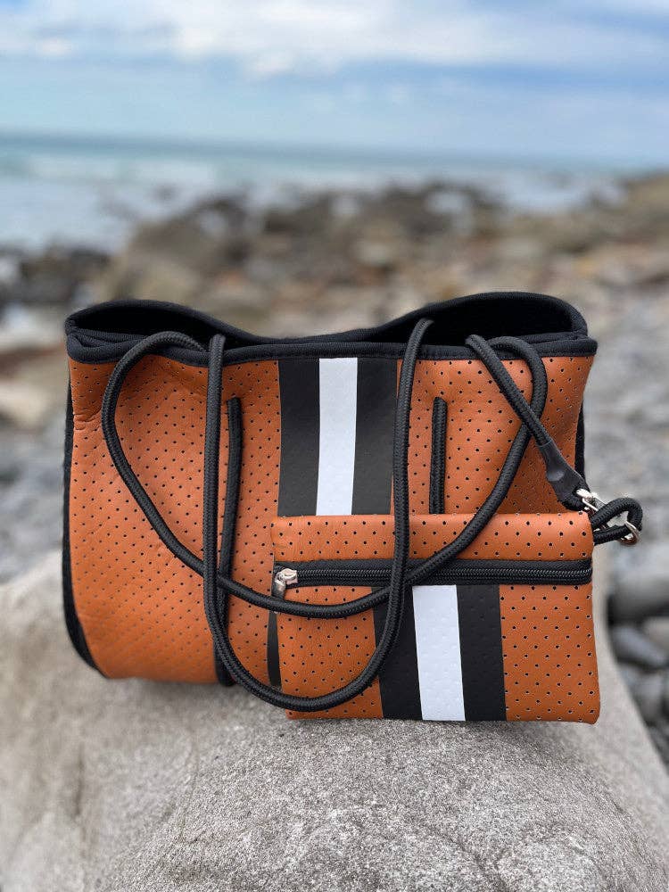 Nakoa The Label - Neoprene Bag - Vegan Tote - 2 Piece Set - Stripe - Tan & Black
