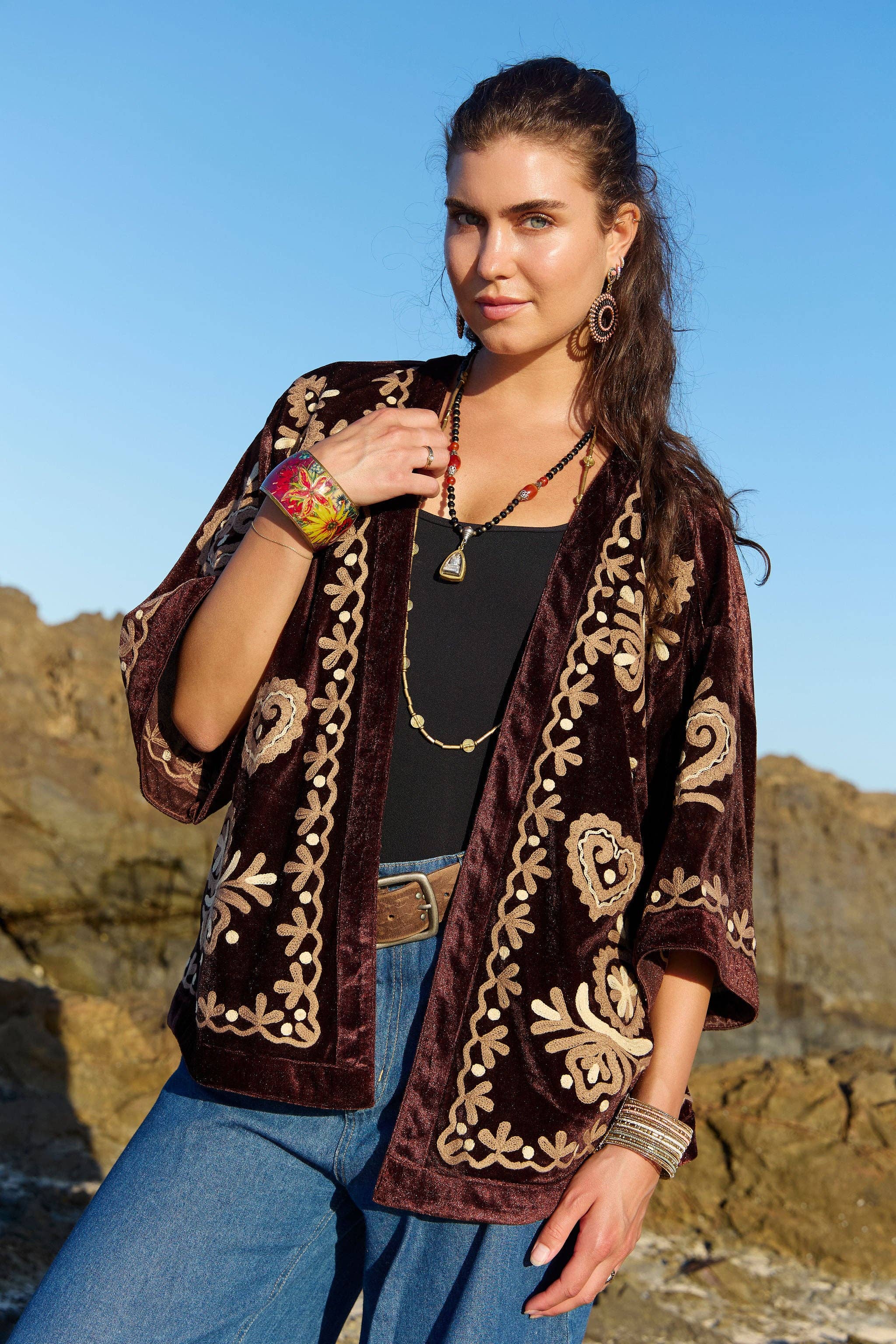 Velvet Kimono Jacket Bronte Embroidery Chocolate