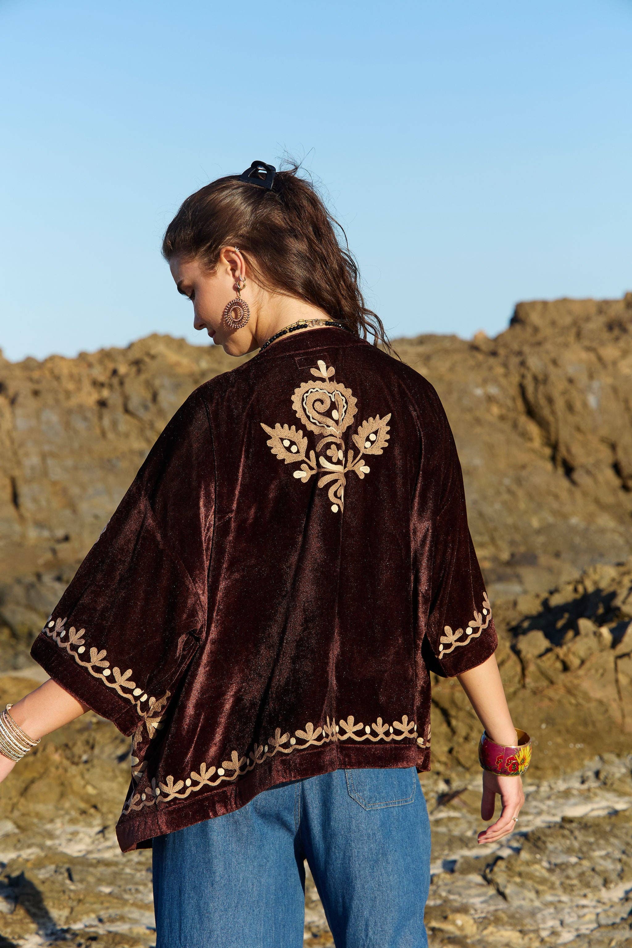 Velvet Kimono Jacket Bronte Embroidery Chocolate