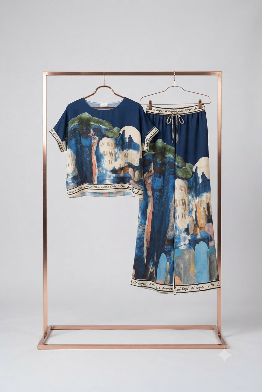 Take me to Italy - O/S - Italian Watercolour Women’s Pant & Oversized Relaxed Top Set- NAVY - Viscose/ Polyester blend, Made in Italy