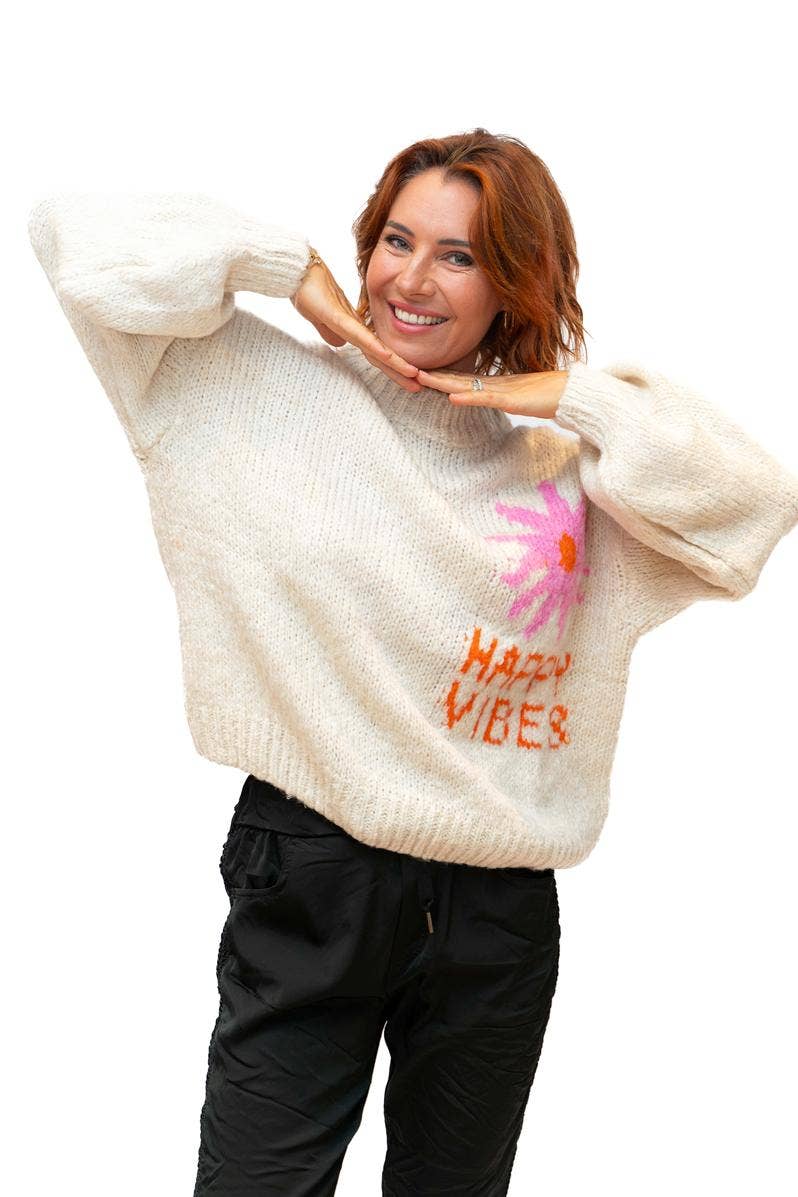 The Italian Closet - Vibe- Cream- Wool Mix Knit with Happy Vibes