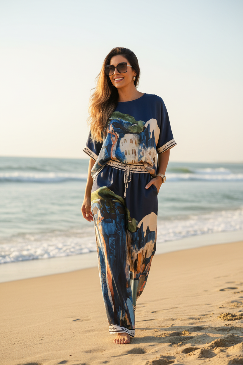 Take me to Italy - O/S - Italian Watercolour Women’s Pant & Oversized Relaxed Top Set- NAVY - Viscose/ Polyester blend, Made in Italy