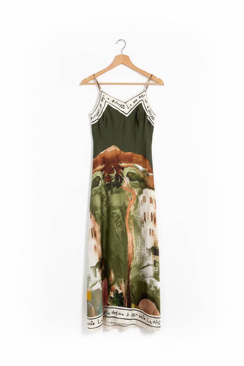 Italian Watercolour Silk Maxi Dress - Khaki Tuscany