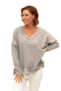 The Italian Closet - Baker- Taupe V Neck Fray Trim Satin hem cotton L/S Top