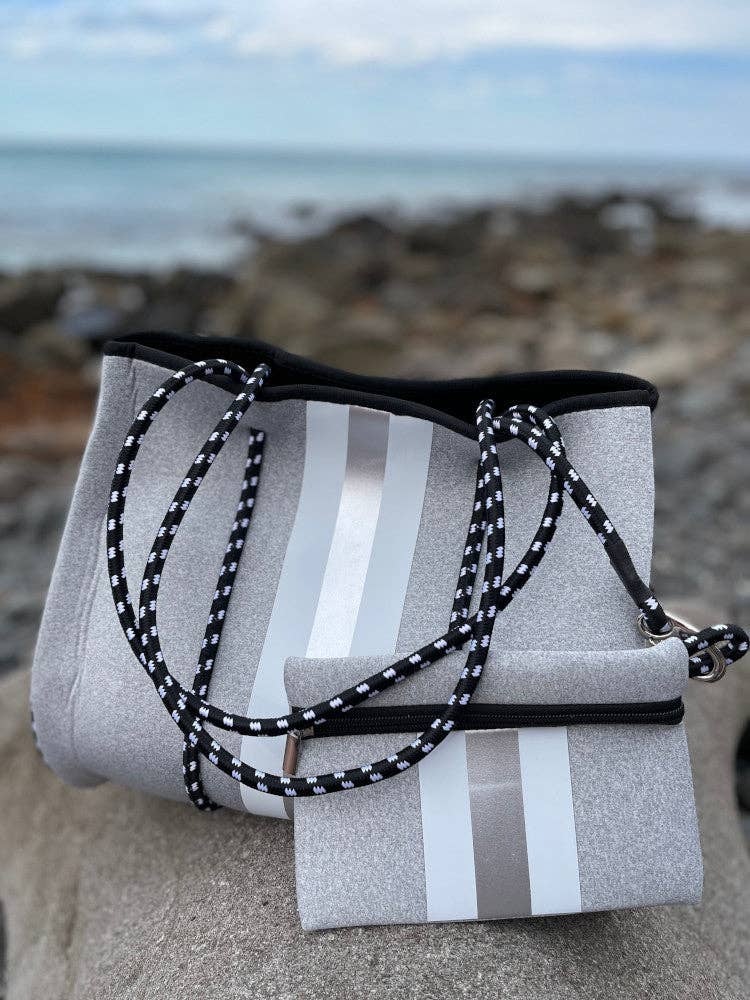Nakoa The Label - Neoprene Bag - Vegan Tote - 2 Piece Set - Stripe - Grey & Silver