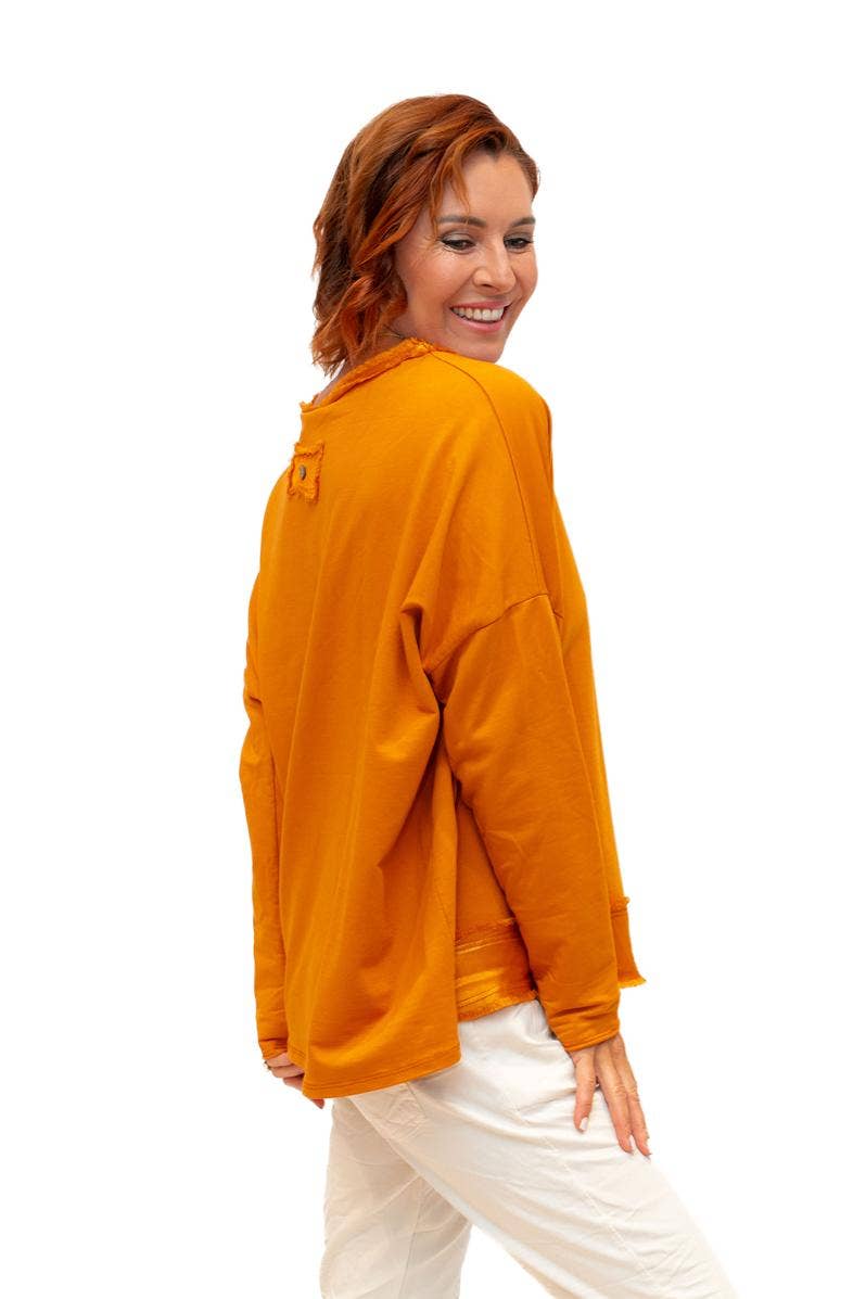 The Italian Closet - Baker- Tangerine V Neck Fray Trim Satin hem cotton L/S Top