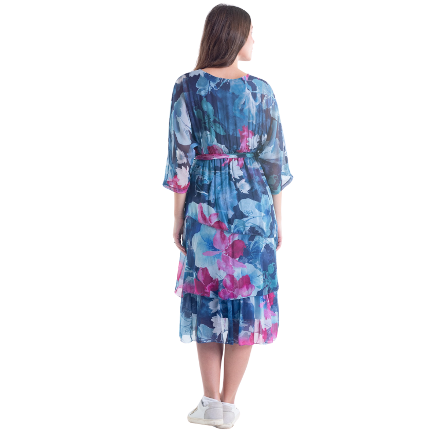 VeraMay - 6171 Blue Tuliplano Vera May Italian Silk Floral Dress - L
