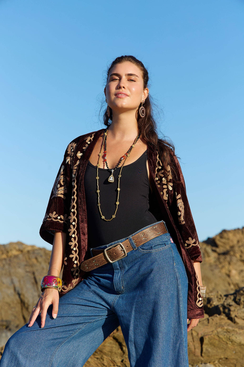 Velvet Kimono Jacket Bronte Embroidery Chocolate