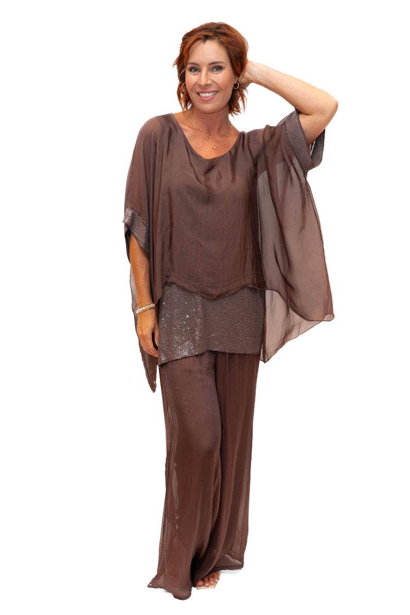 The Italian Closet - Elvera- Choc- Silk tunic with sequin panel