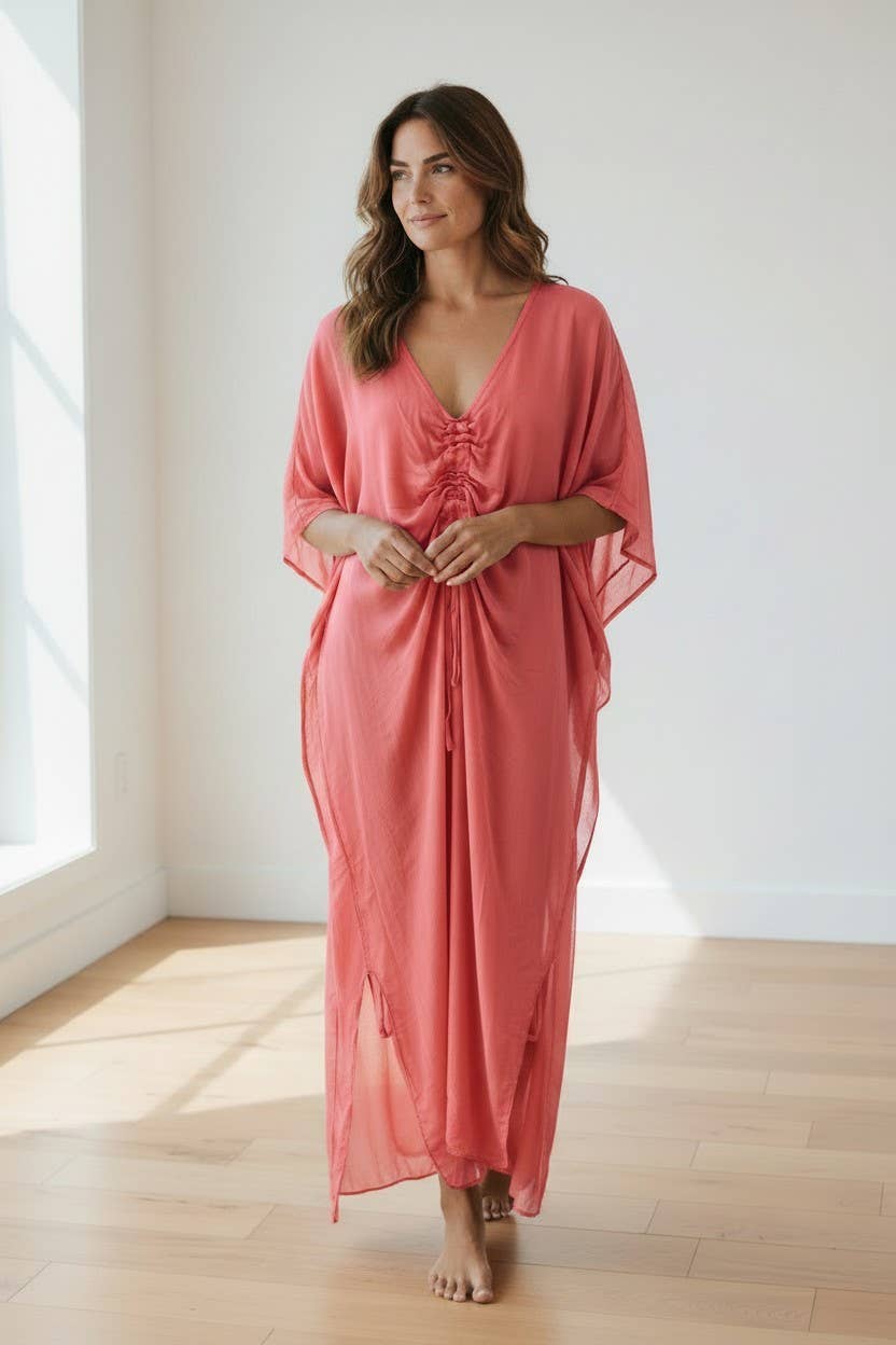 The Italian Closet - Lola- Tangerine- v neck silk kaftan front gather