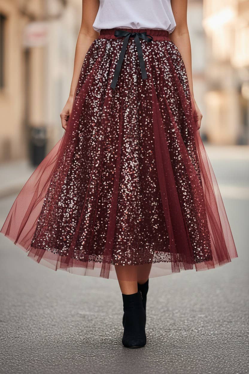 The Italian Closet - Trinny Skirt- Bordeaux- Sequin skirt with tulle overlay