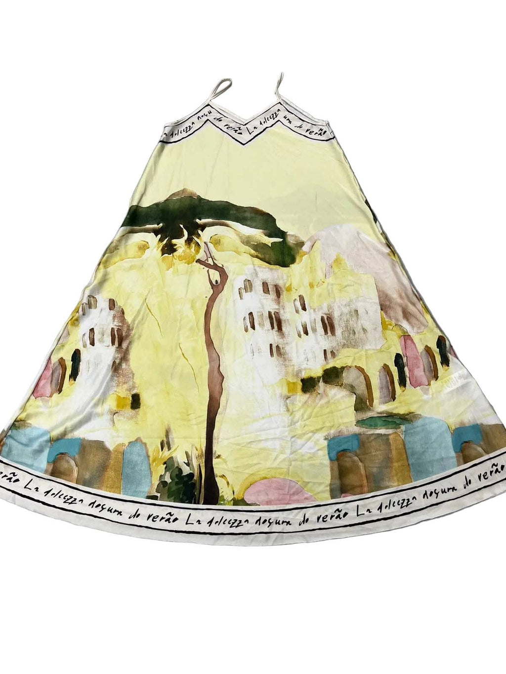S/M Italian Watercolour Print Silk Maxi Dress - Butter Yellow